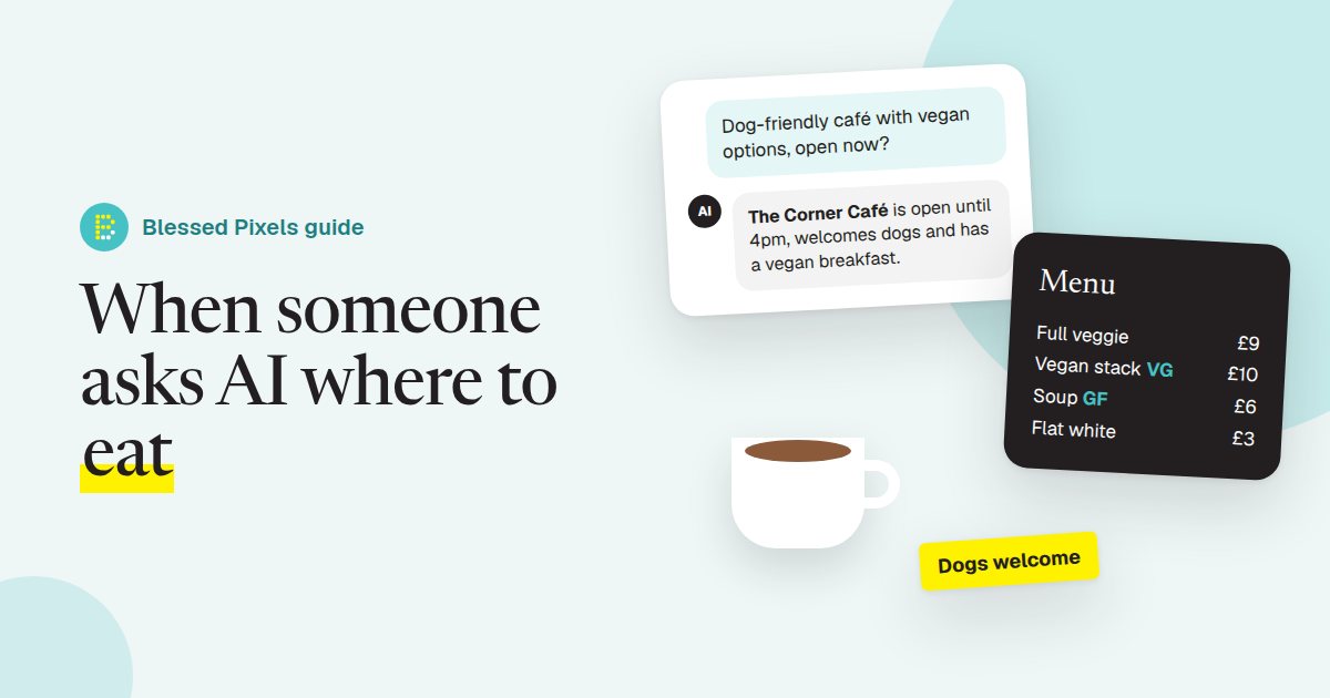 A chat asking AI for a dog-friendly café with vegan options open now, answered with a made-up café, beside a typed menu with prices, a coffee cup and a Dogs welcome note.