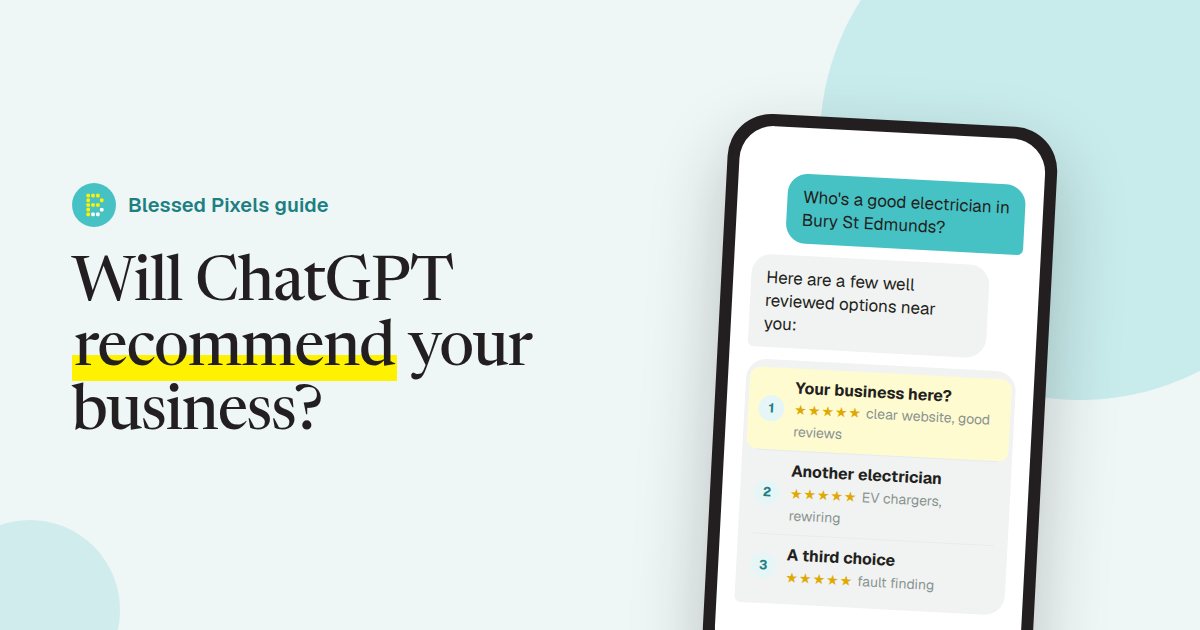 A phone showing someone asking ChatGPT for a good electrician in Bury St Edmunds, with a short list of recommended businesses and an empty first place marked Your business here.